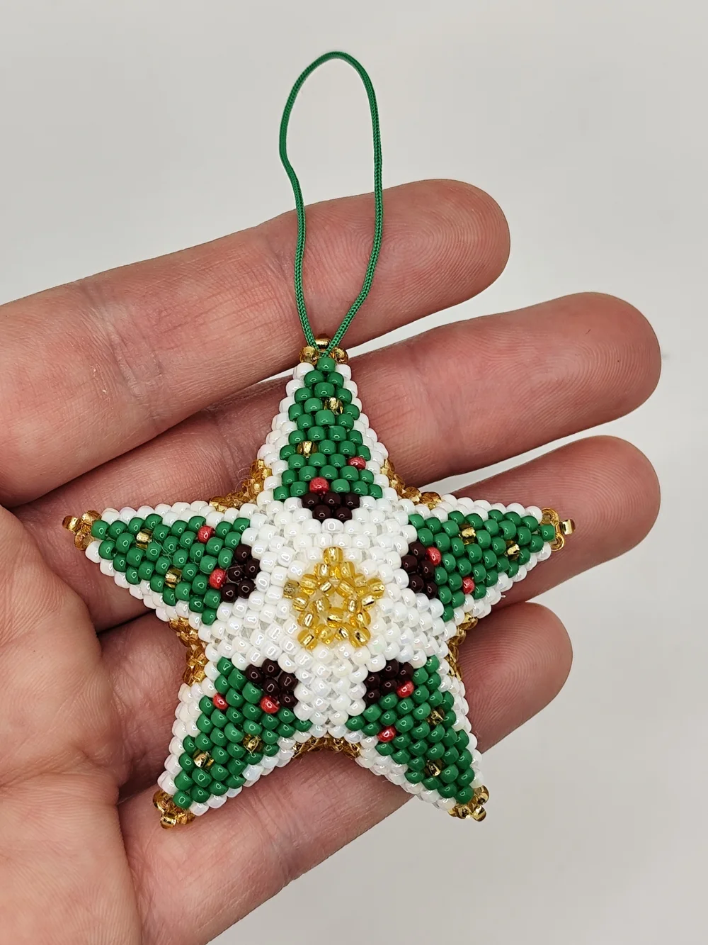 Handmade Beaded Green and White Star Holiday Ornament